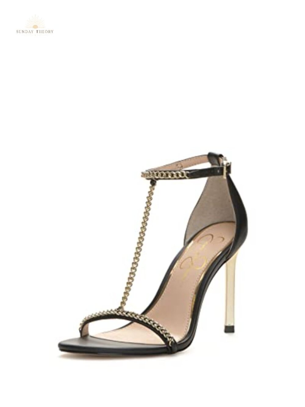 Faux Leather T-Strap High Heel Sandals with Chain Detail, Stiletto Heels